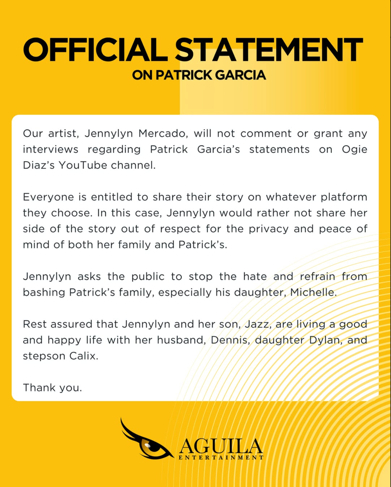 aguila artists statement on patrick garcia and jennylyn mercado